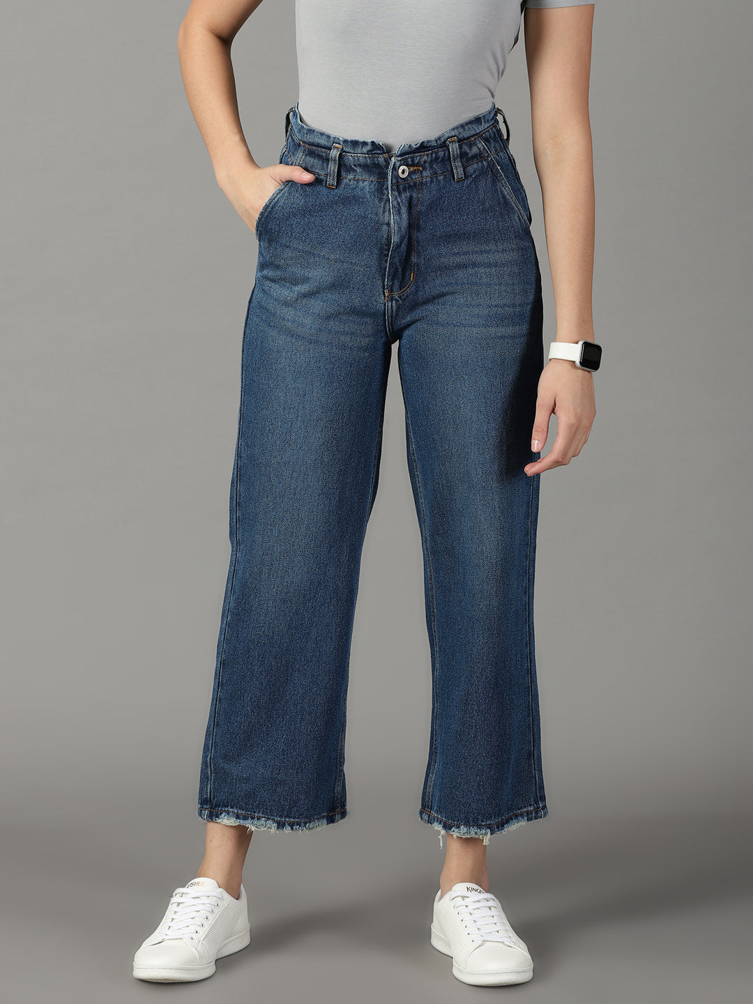 Women's Blue Wide Leg High-Rise Mildly Distressed Light Fade Acid Wash Stretchable Jeans