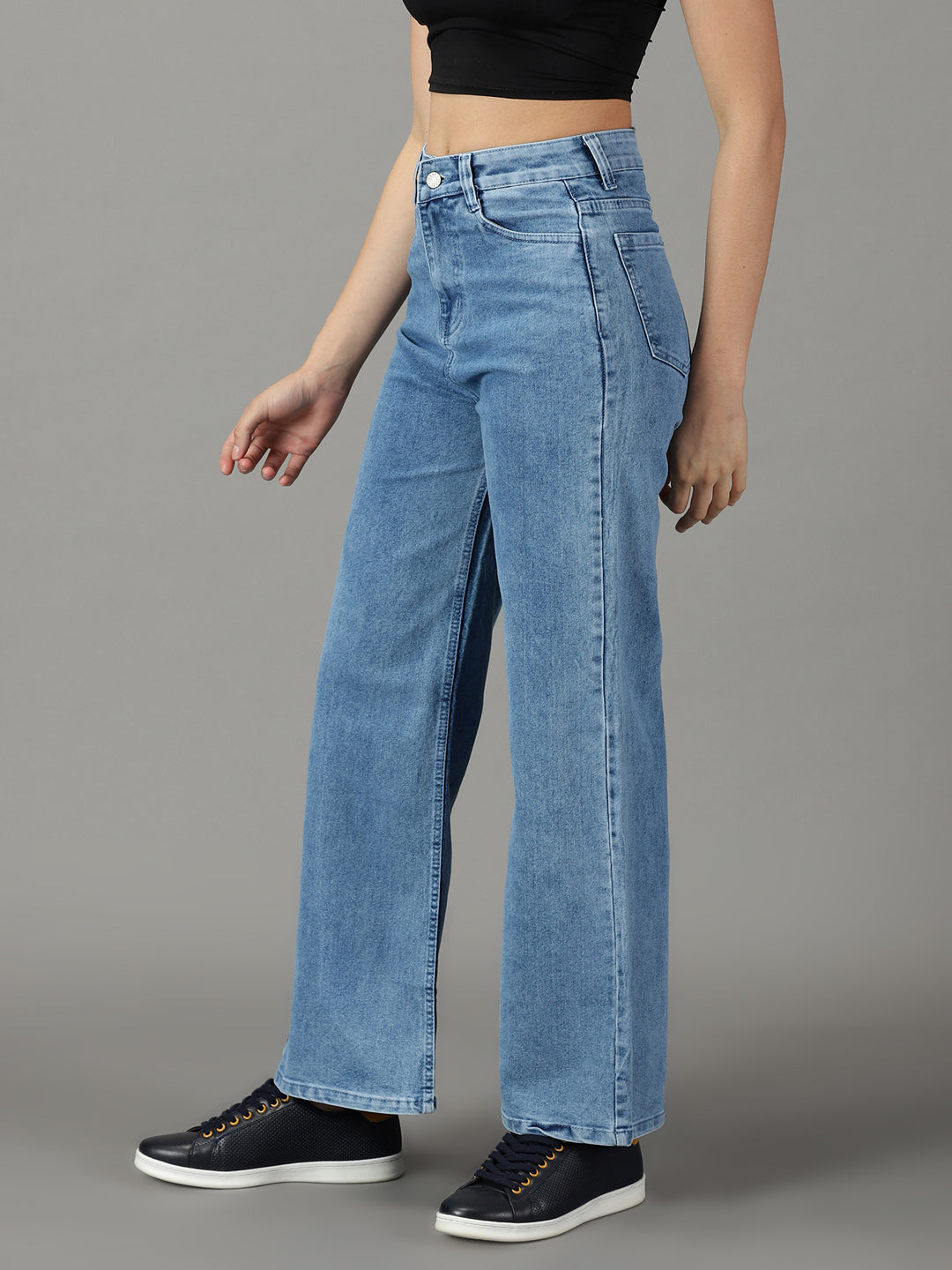 Women's Blue Wide Leg Mid-Rise Bleached Stretchable Cotton Jeans