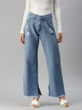 Women's Blue Wide Leg High-Rise Mildly Distressed Heavy Fade Jeans