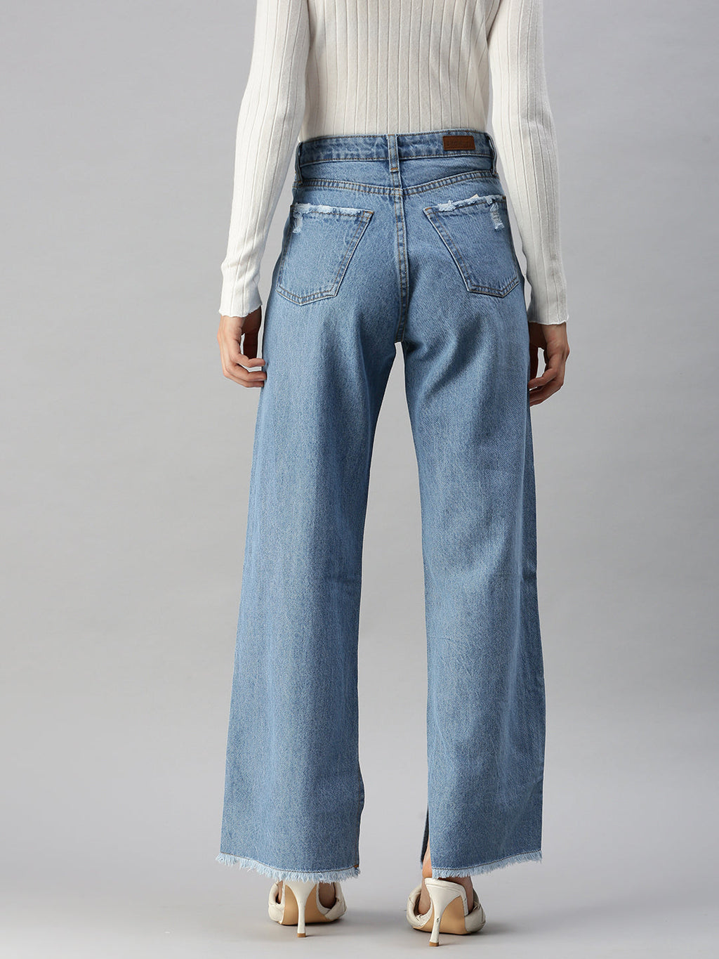 Women's Blue Wide Leg High-Rise Mildly Distressed Heavy Fade Jeans