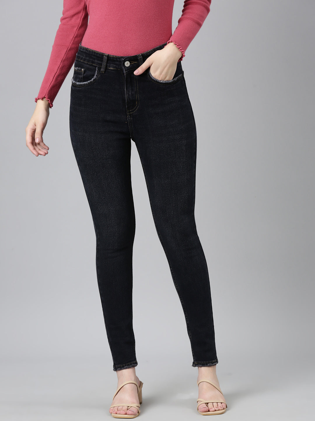 Women's Dark Grey Jean Acid Wash Skinny Fit Mid-Rise Denim Jeans