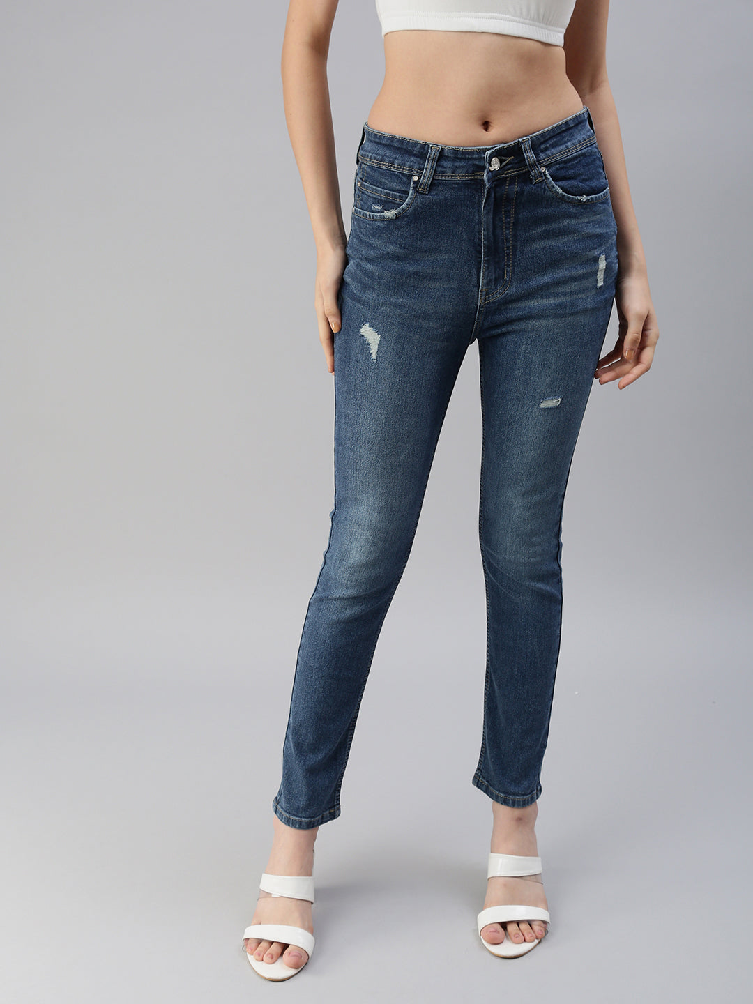 Women's Blue Slim Fit High-Rise Mildly Distressed Light Fade Stretchable Jeans