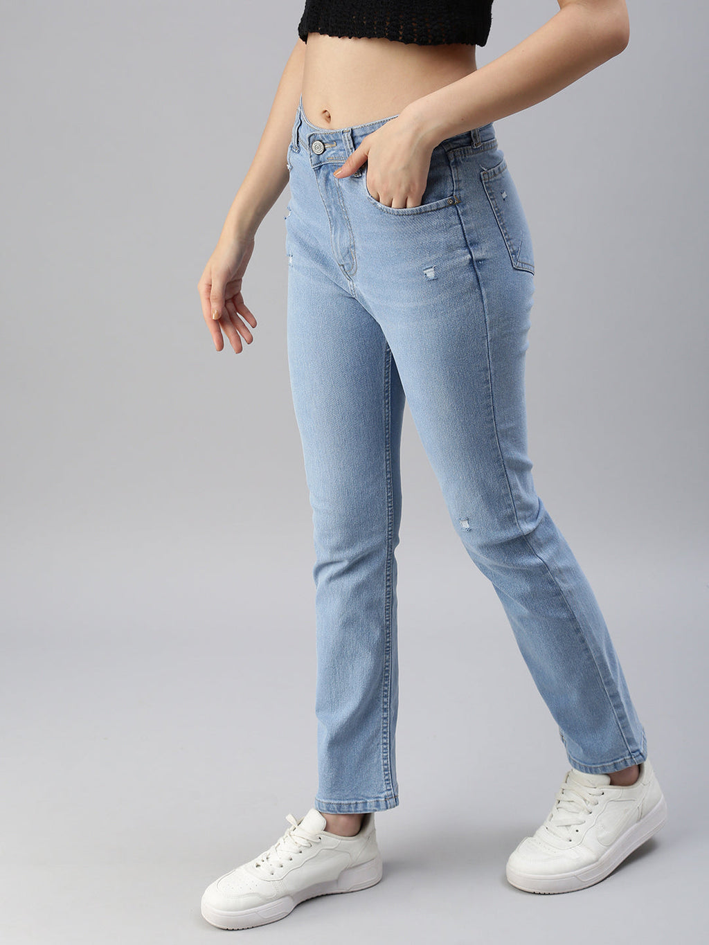 Women's Blue Straight Fit High-Rise Low Distress Light Fade Stretchable Jeans