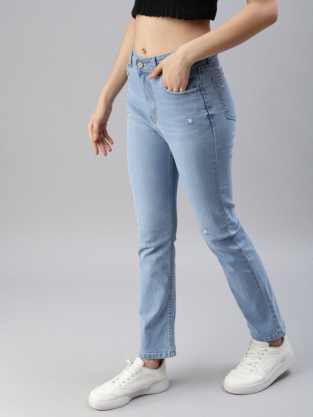 Women's Blue Straight Fit High-Rise Low Distress Light Fade Stretchable Jeans