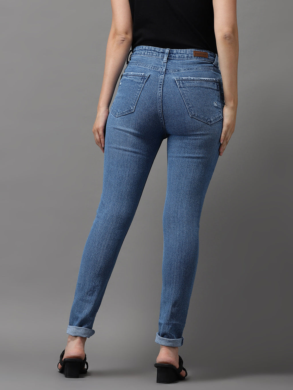 Women's Blue Jean Slim Fit High-Rise Slash Knee Light Fade Stretchable Jeans
