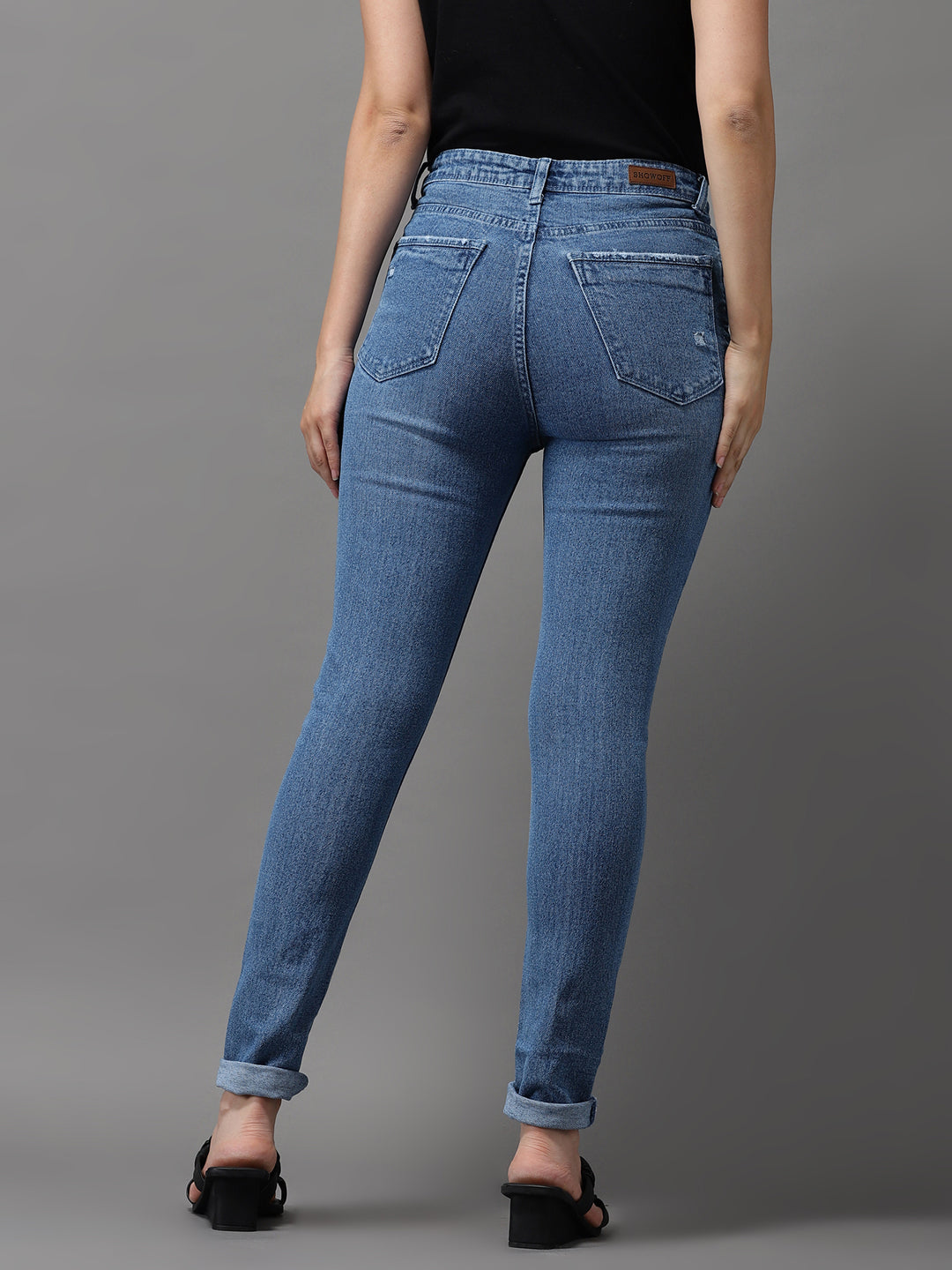 Women's Blue Jean Slim Fit High-Rise Slash Knee Light Fade Stretchable Jeans
