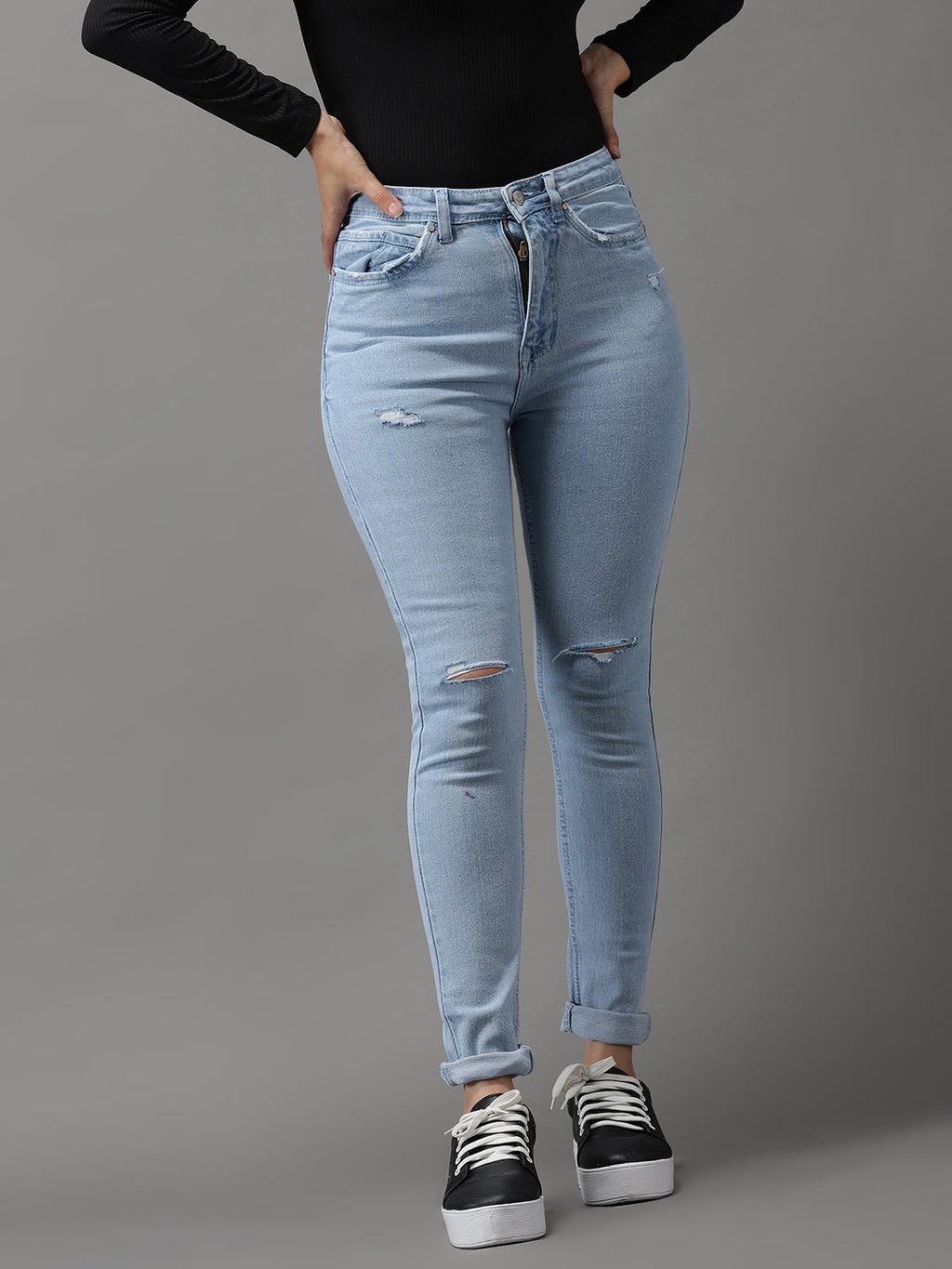 Women's Blue Jean Slim Fit High-Rise Low Distress Light Fade Stretchable Jeans
