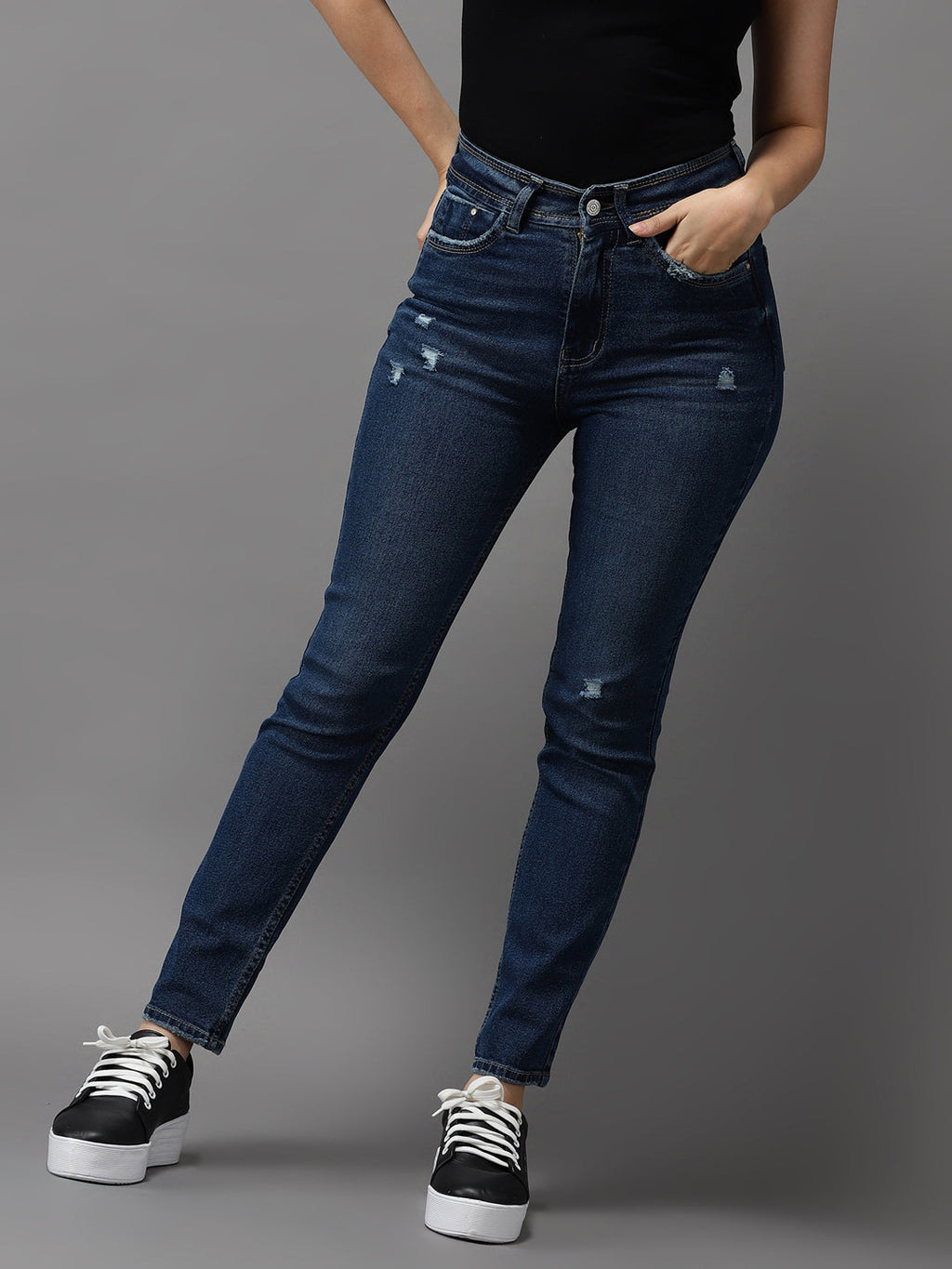 Women's Blue Jean Slim Fit High-Rise Low Distress Light Fade Stretchable Jeans