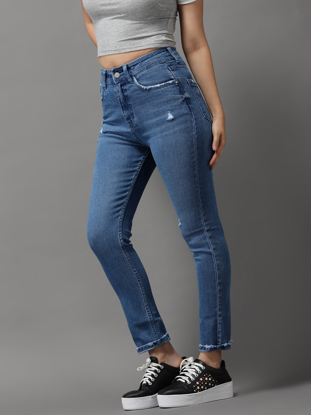Women's Blue Jean Slim Fit High-Rise Low Distress Light Fade Stretchable Jeans