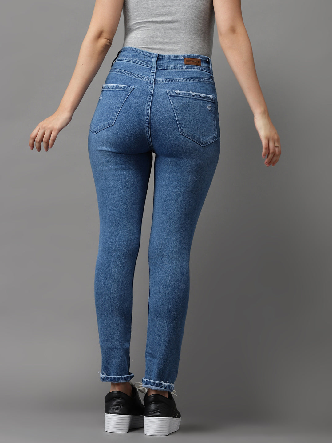 Women's Blue Jean Slim Fit High-Rise Low Distress Light Fade Stretchable Jeans