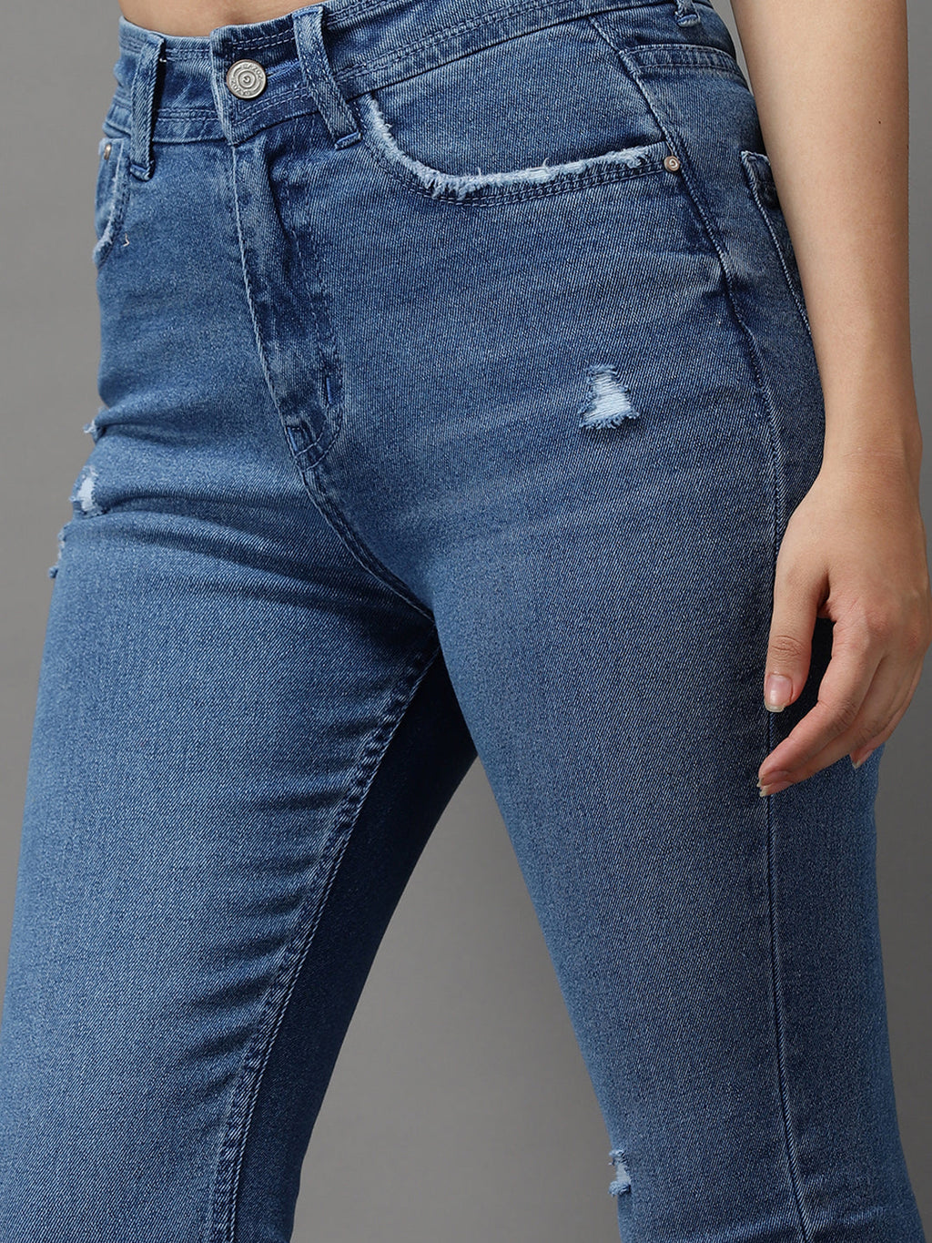 Women's Blue Jean Slim Fit High-Rise Low Distress Light Fade Stretchable Jeans