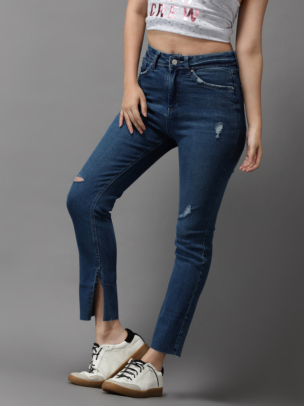 Women's Blue Jean Slim Fit High-Rise Mildly Distressed Light Fade Stretchable Jeans