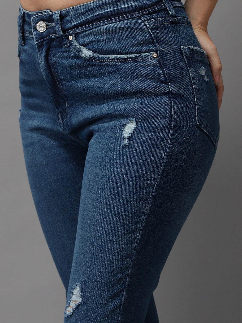 Women's Blue Jean Slim Fit High-Rise Mildly Distressed Light Fade Stretchable Jeans