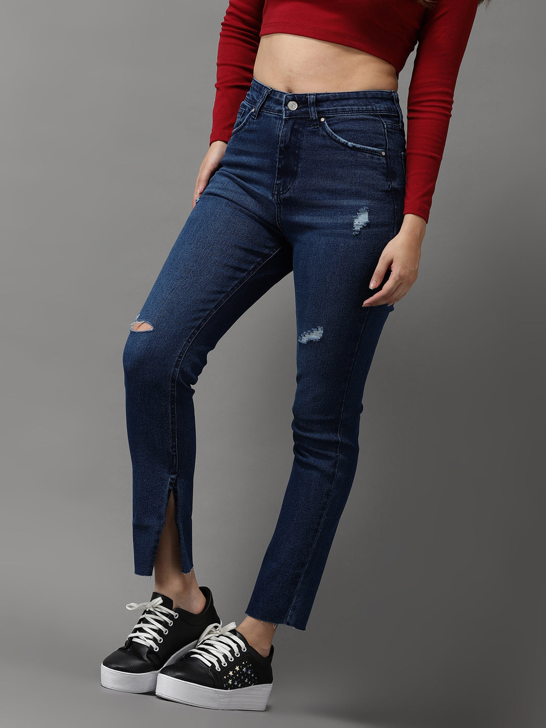Women's Navy Blue Jean Slim Fit High-Rise Mildly Distressed Light Fade Stretchable Jeans