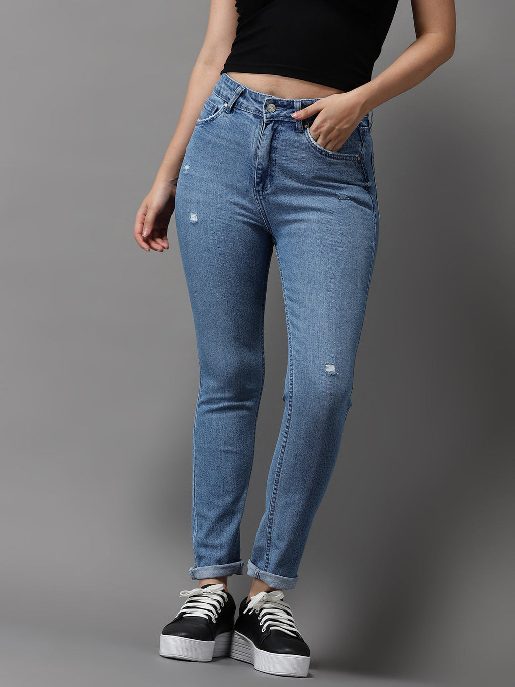 Women's Blue Jean Slim Fit High-Rise Mildly Distressed Light Fade Stretchable Jeans