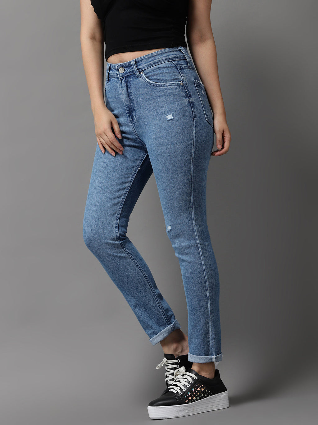 Women's Blue Jean Slim Fit High-Rise Mildly Distressed Light Fade Stretchable Jeans