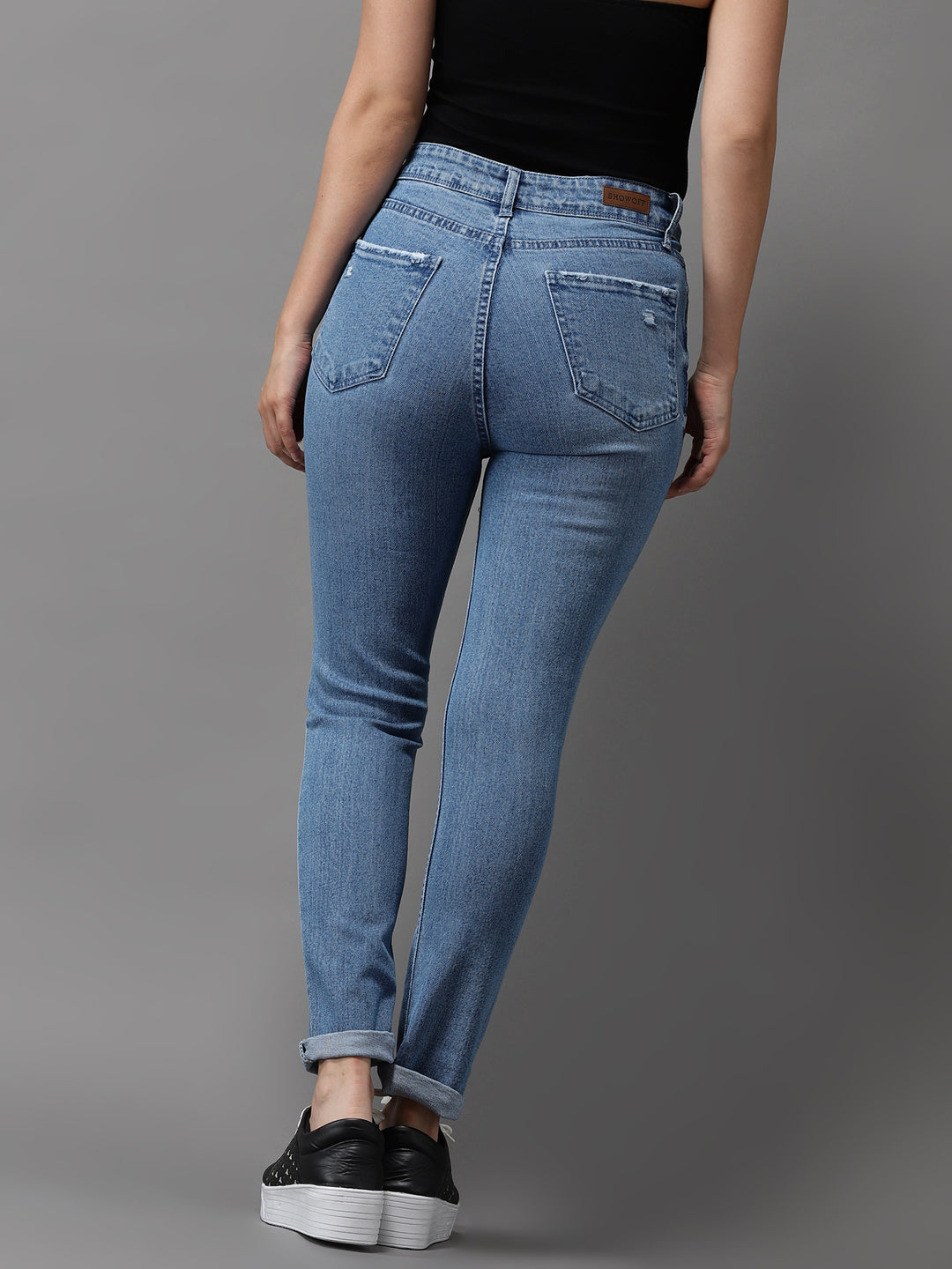 Women's Blue Jean Slim Fit High-Rise Mildly Distressed Light Fade Stretchable Jeans