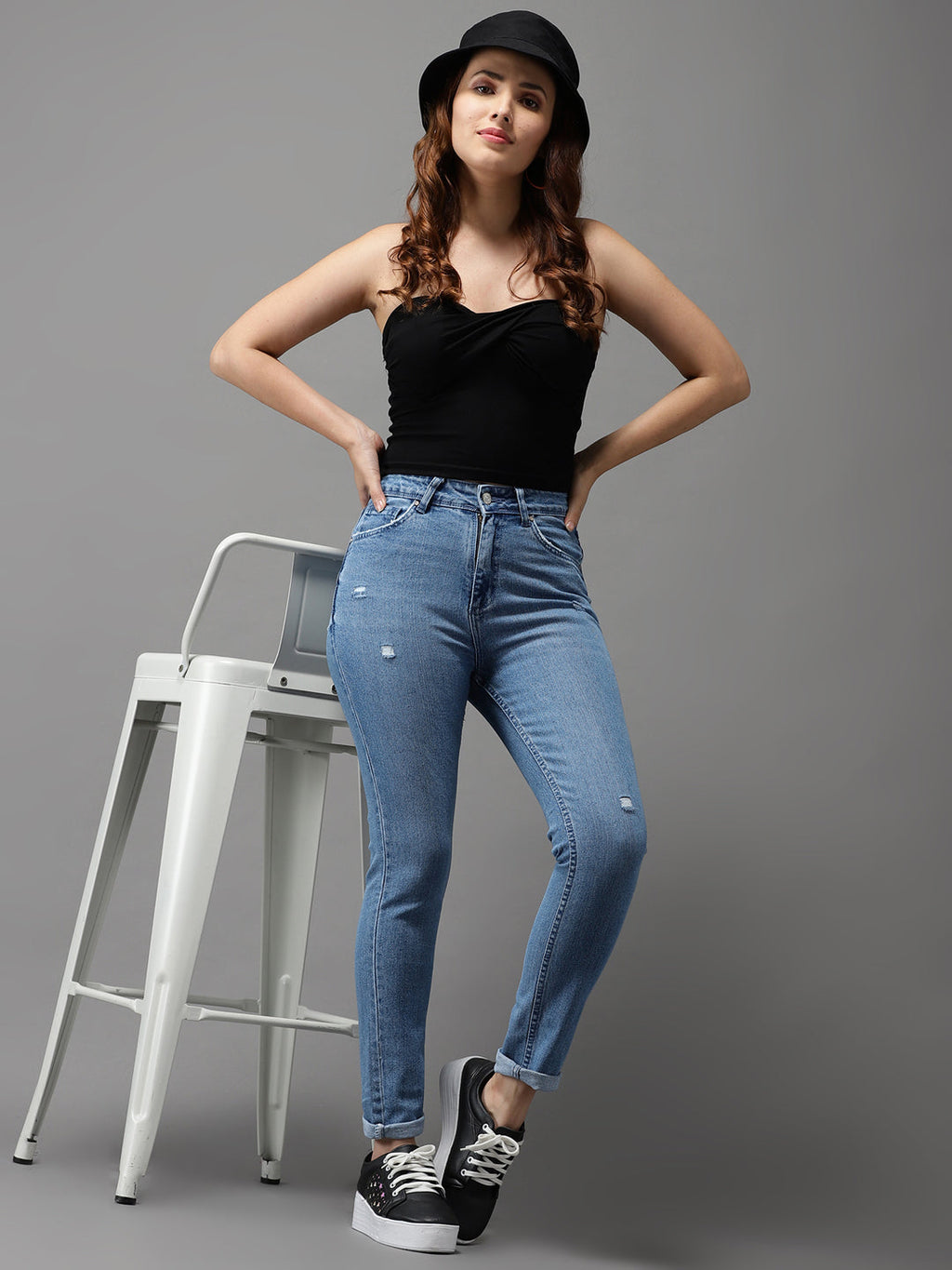 Women's Blue Jean Slim Fit High-Rise Mildly Distressed Light Fade Stretchable Jeans