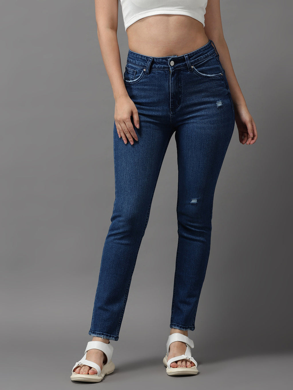Women's Navy Blue Jean Slim Fit High-Rise Low Distress Light Fade Stretchable Jeans