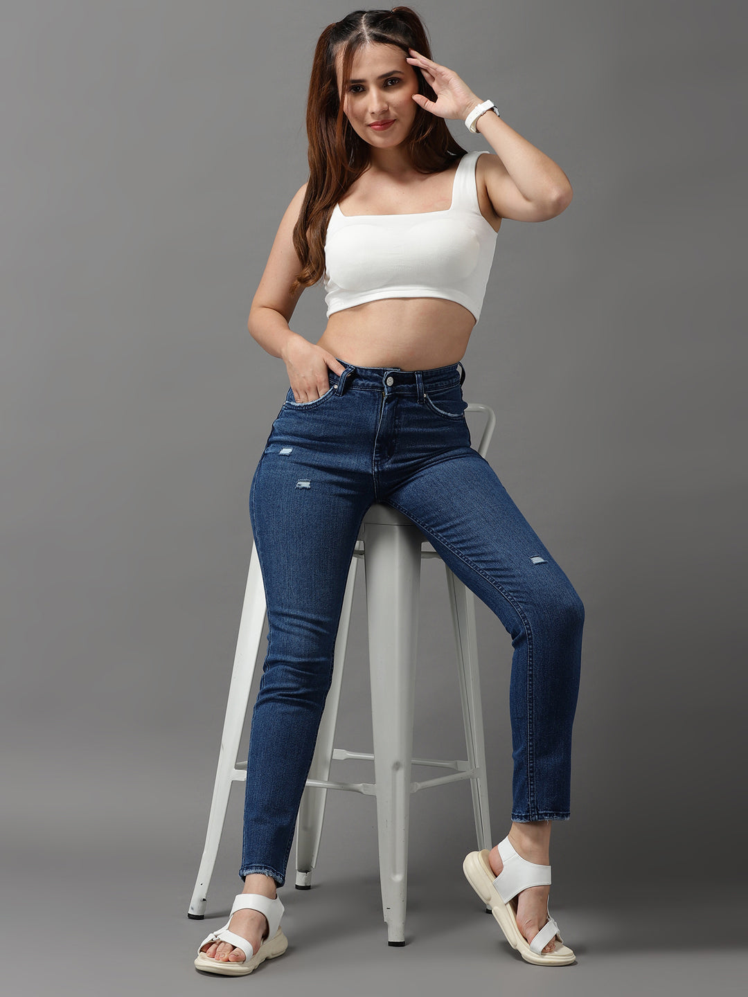 Women's Navy Blue Jean Slim Fit High-Rise Low Distress Light Fade Stretchable Jeans