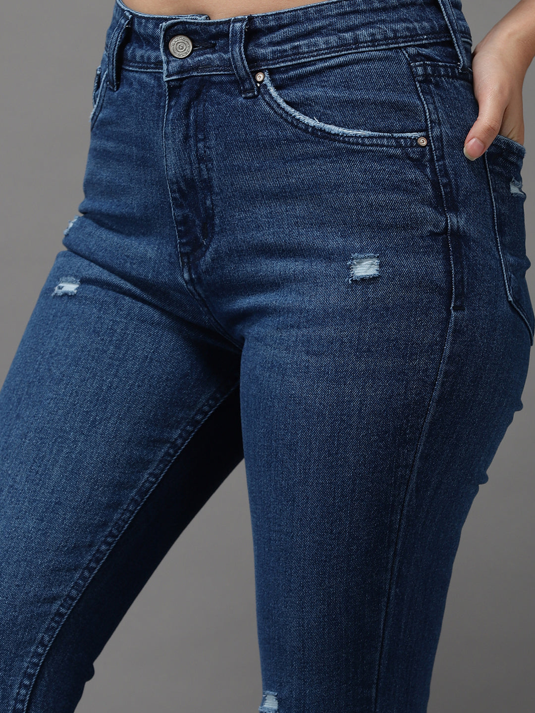 Women's Navy Blue Jean Slim Fit High-Rise Low Distress Light Fade Stretchable Jeans