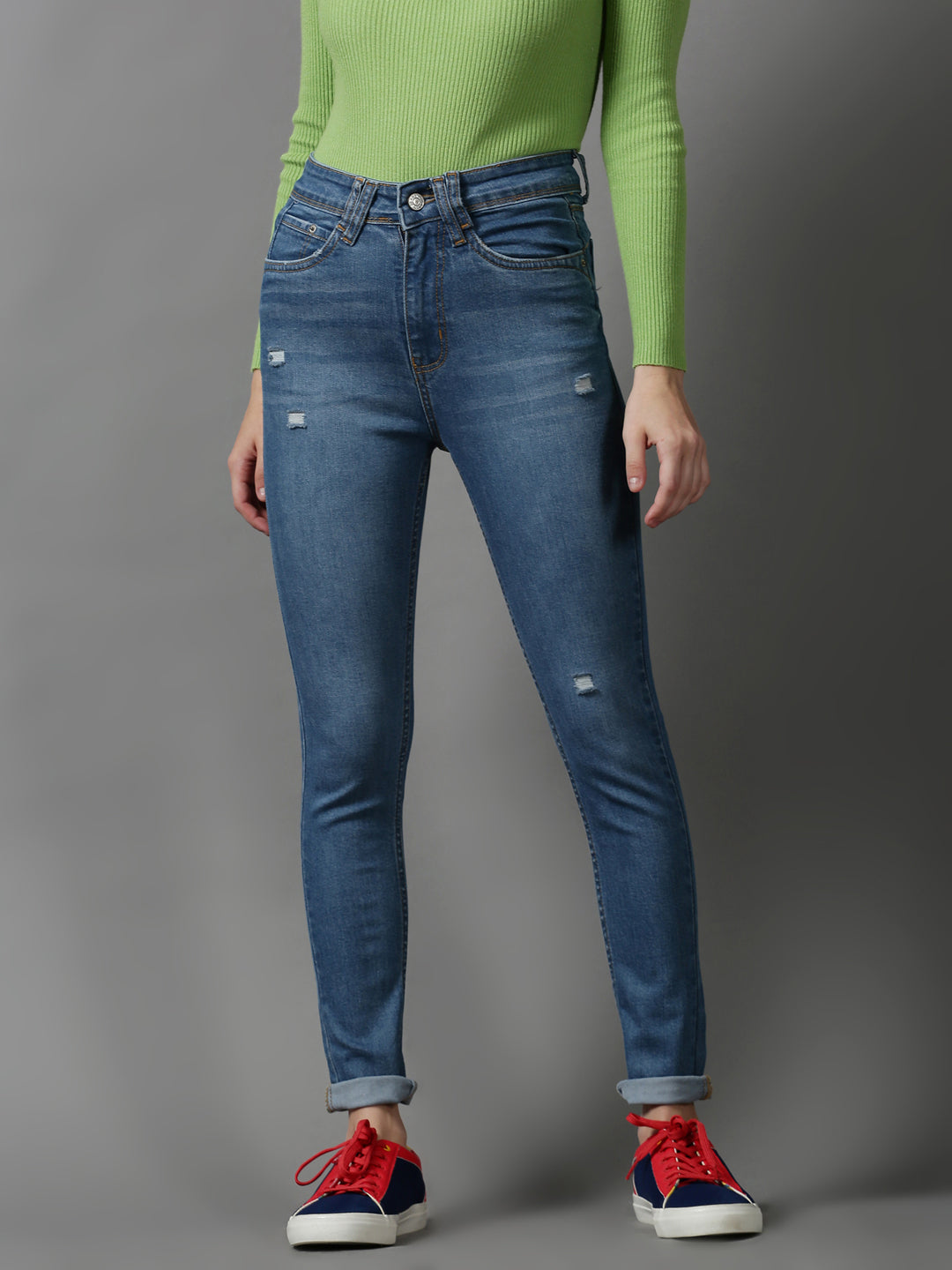 Women's Blue Slim Fit Low Distress Light Fade Stretchable Denim Jeans