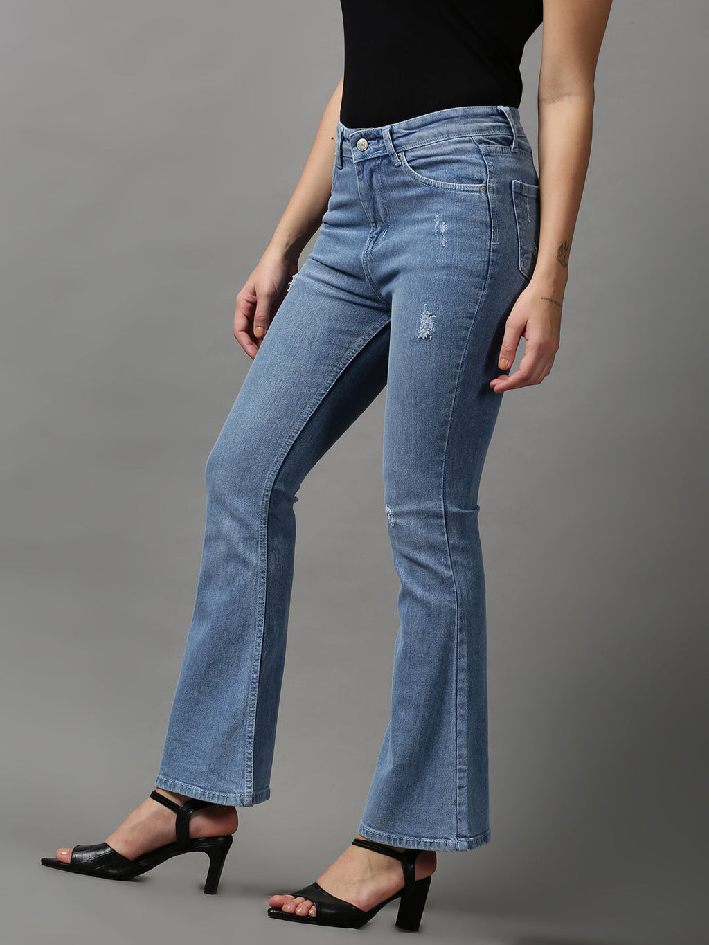Women's Blue Bootcut Low Distress Light Fade Stretchable Denim Jeans