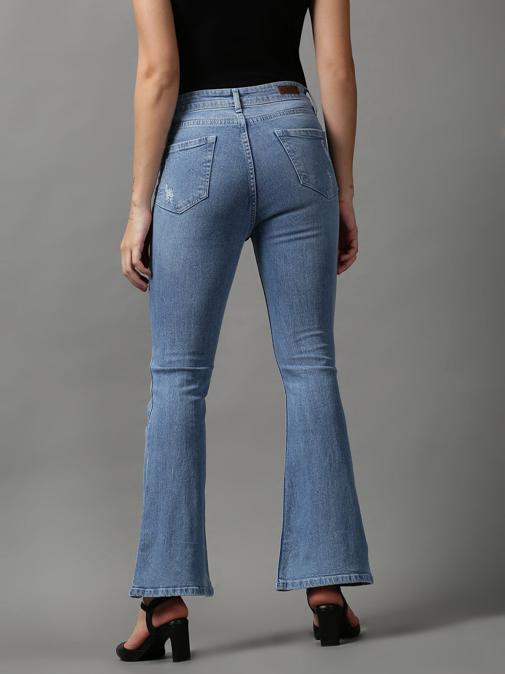 Women's Blue Bootcut Low Distress Light Fade Stretchable Denim Jeans