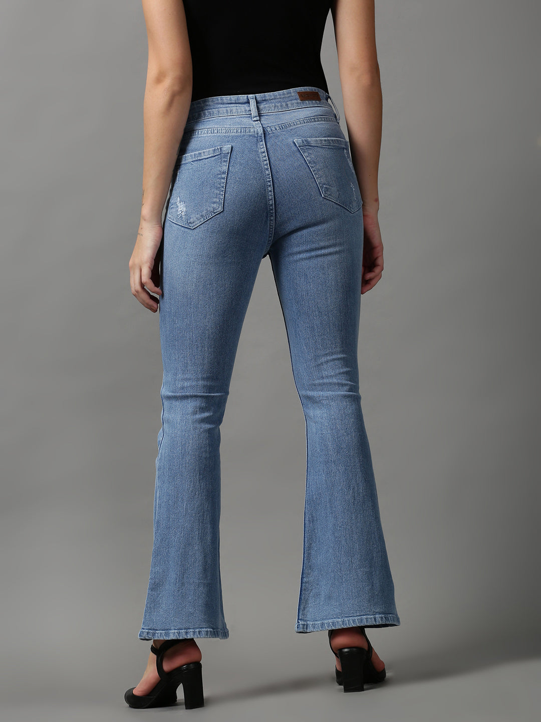 Women's Blue Bootcut Low Distress Light Fade Stretchable Denim Jeans