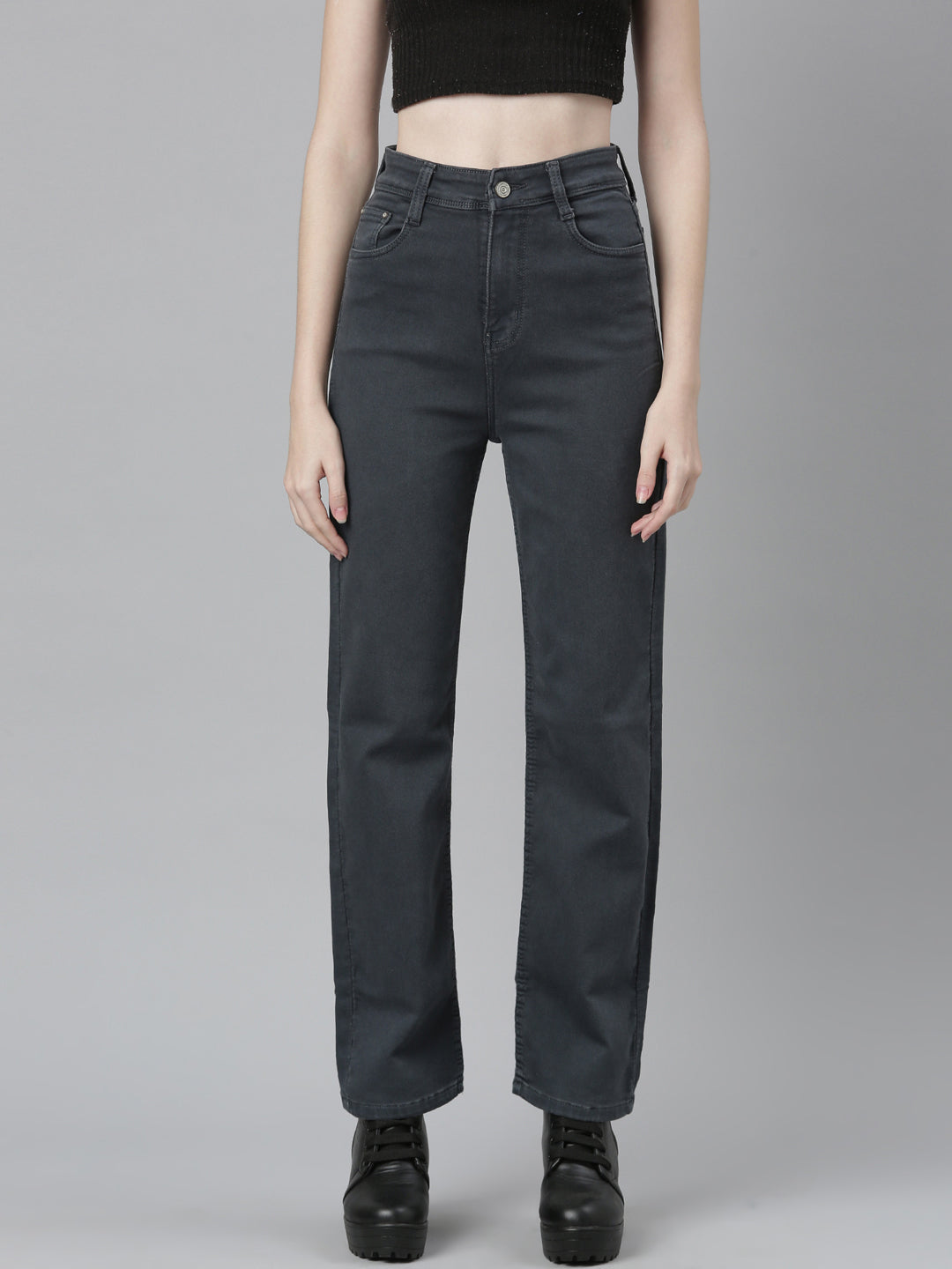 Women's Grey Jean Straight Fit Mid-Rise Acid Wash Stretchable Jeans