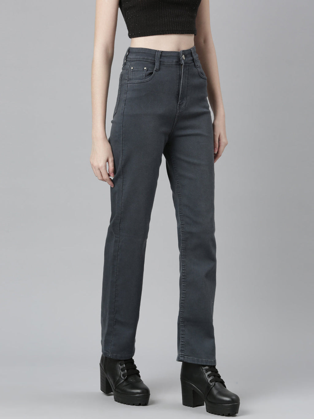 Women's Grey Jean Straight Fit Mid-Rise Acid Wash Stretchable Jeans