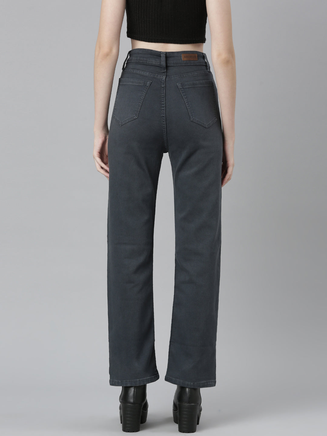Women's Grey Jean Straight Fit Mid-Rise Acid Wash Stretchable Jeans