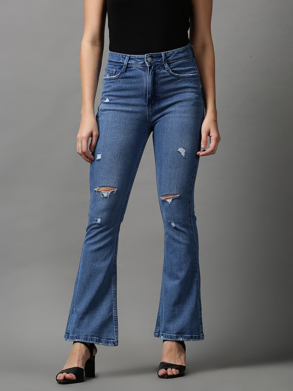 Women's Blue Bootcut Mildly Distressed Light Fade Stretchable Denim Jeans