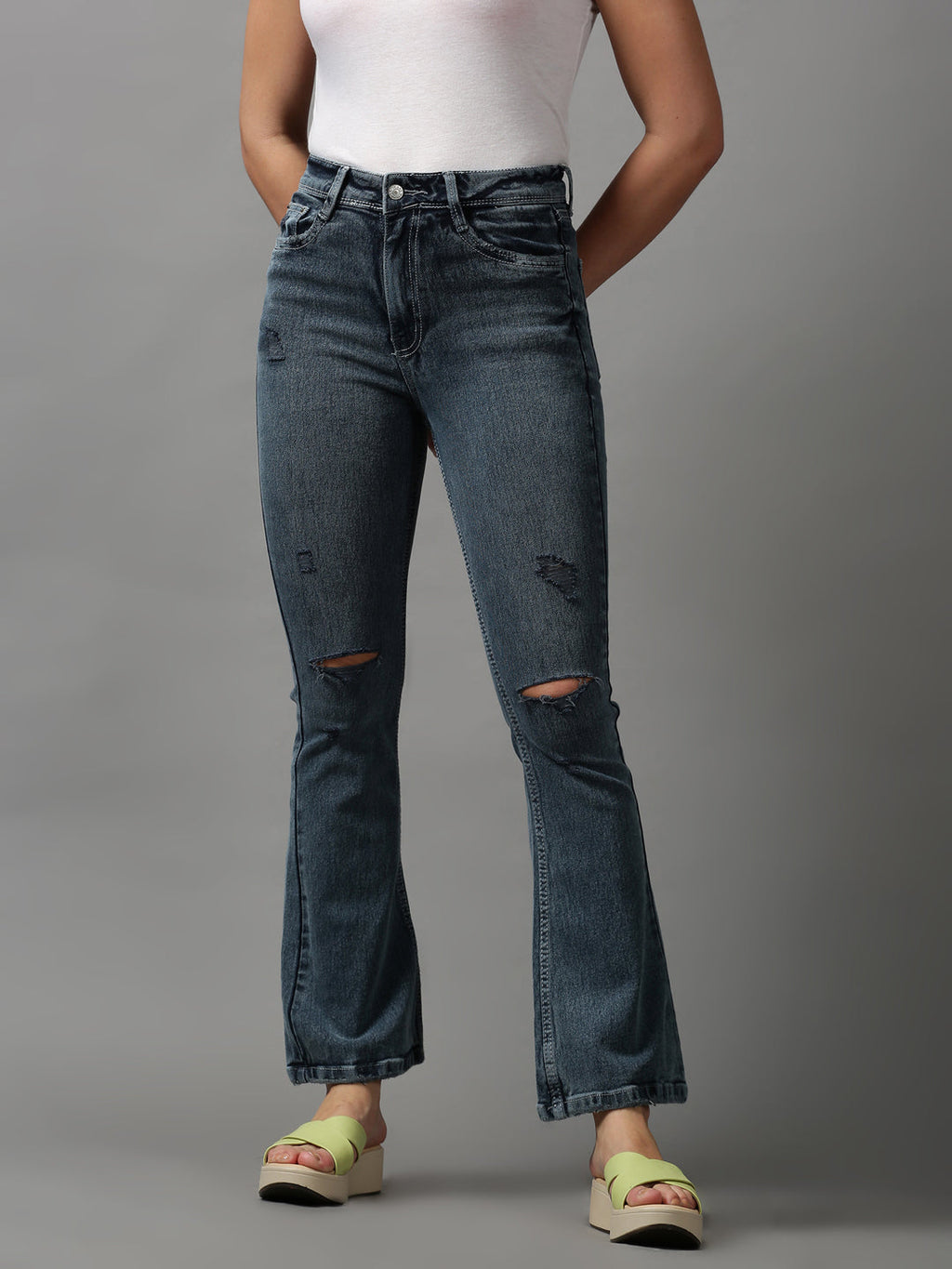 Women's Grey Bootcut Mildly Distressed Light Fade Stretchable Denim Jeans