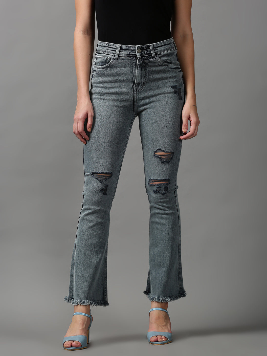 Women's Grey Bootcut Mildly Distressed Light Fade Stretchable Denim Jeans
