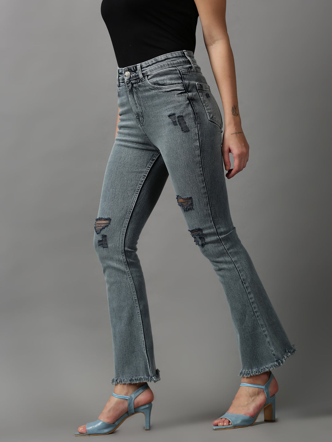 Women's Grey Bootcut Mildly Distressed Light Fade Stretchable Denim Jeans