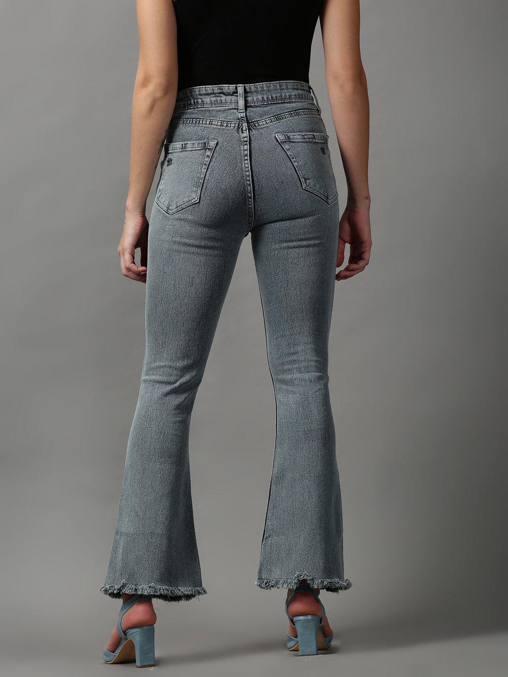 Women's Grey Bootcut Mildly Distressed Light Fade Stretchable Denim Jeans