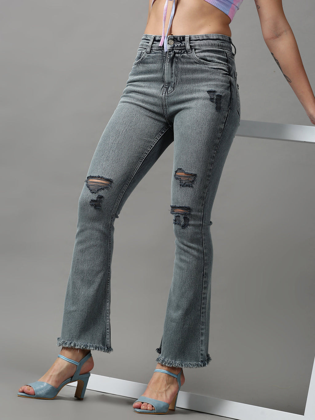 Women's Grey Bootcut Mildly Distressed Light Fade Stretchable Denim Jeans