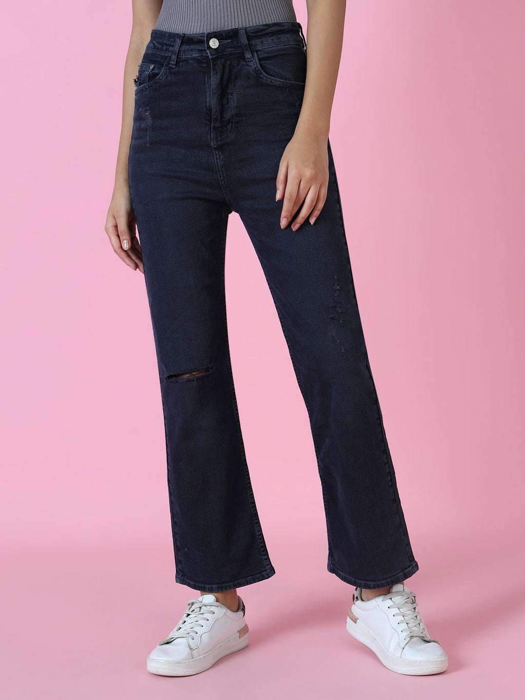 Women's Navy Blue Wide Leg Stretchable Denim Jeans