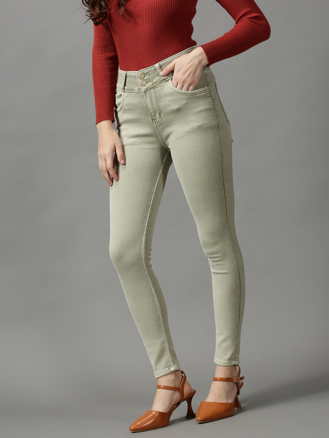 Women's Green Skinny Fit High-Rise Stretchable Denim Jeans