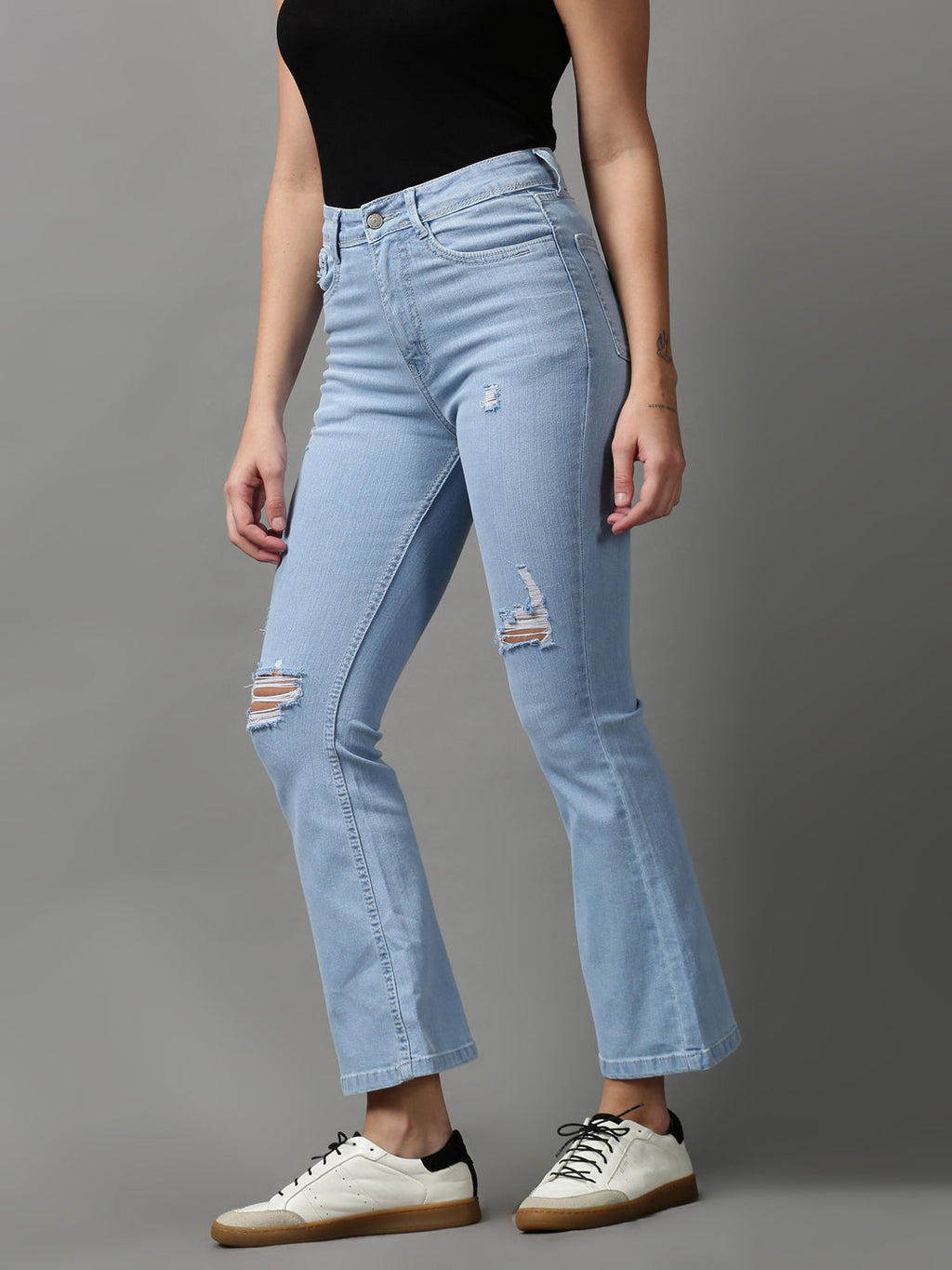 Women's Blue Bootcut Mildly Distressed Light Fade Stretchable Denim Jeans