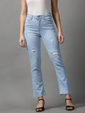 Women's Blue Mildly Distressed Light Fade Stretchable Denim Jeans