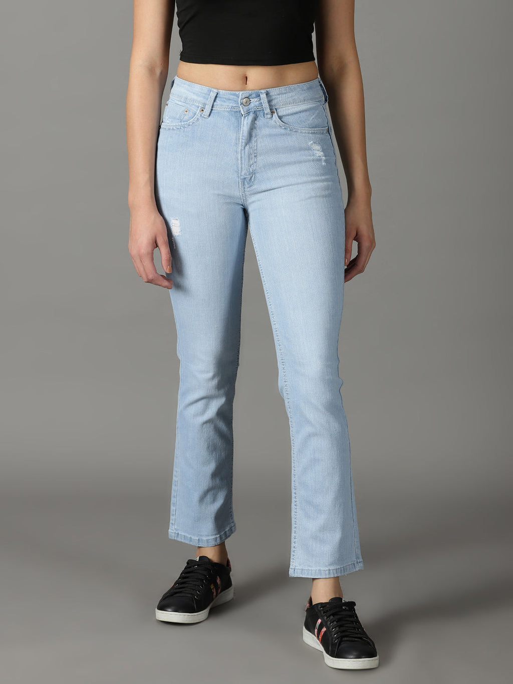 Women's Blue Straight Fit Light Fade Low Distress Stretchable Jeans