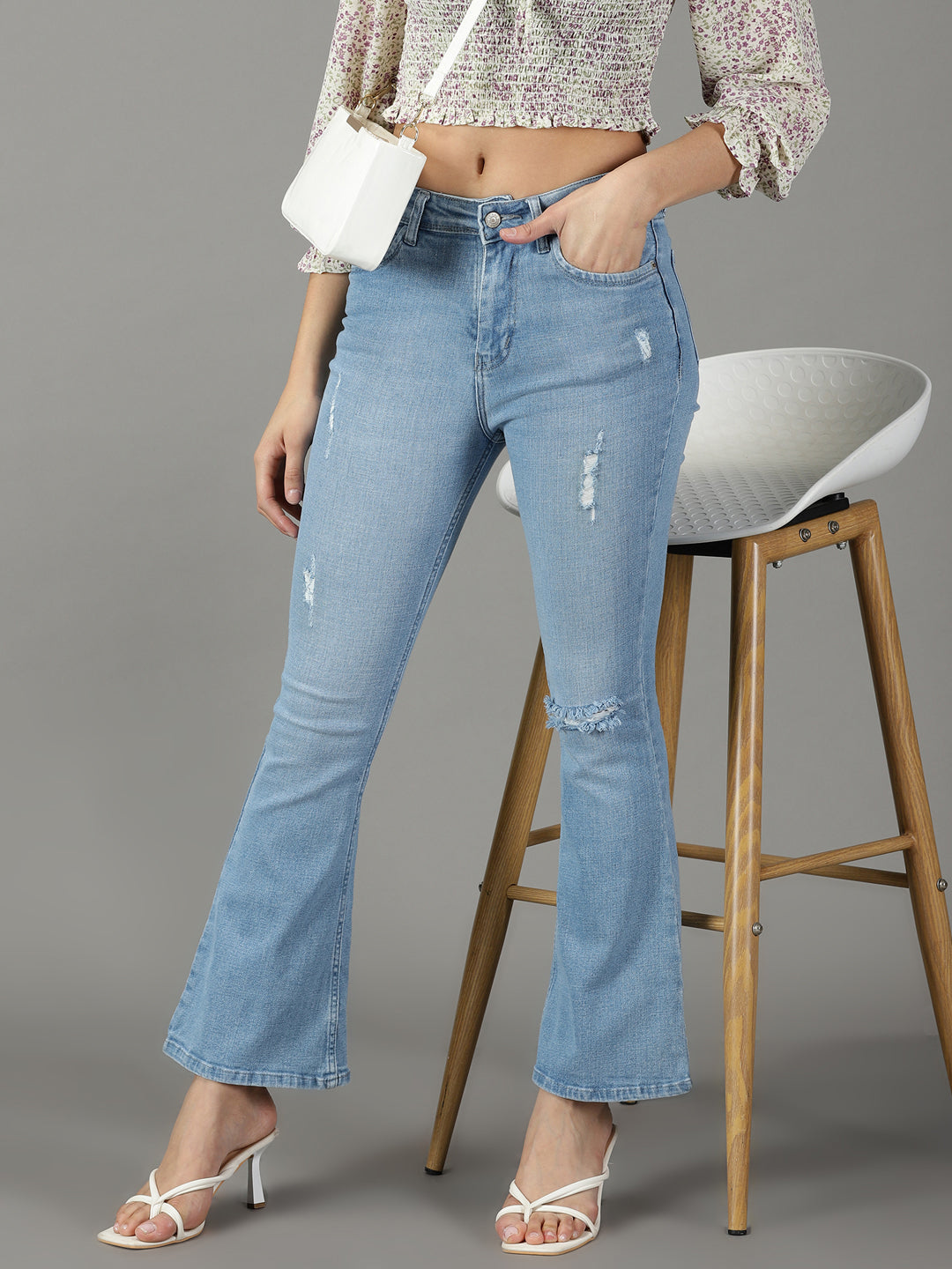 Women's Blue Bootcut High-Rise Mildly Distressed Light Fade Cotton Stretchable Jeans