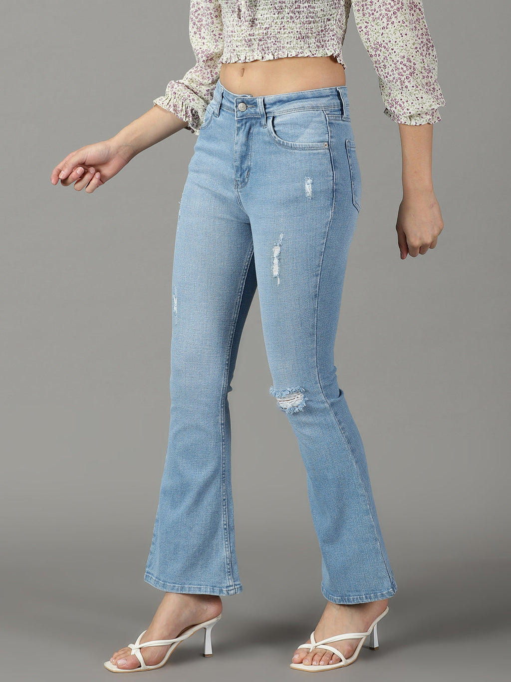 Women's Blue Bootcut High-Rise Mildly Distressed Light Fade Cotton Stretchable Jeans