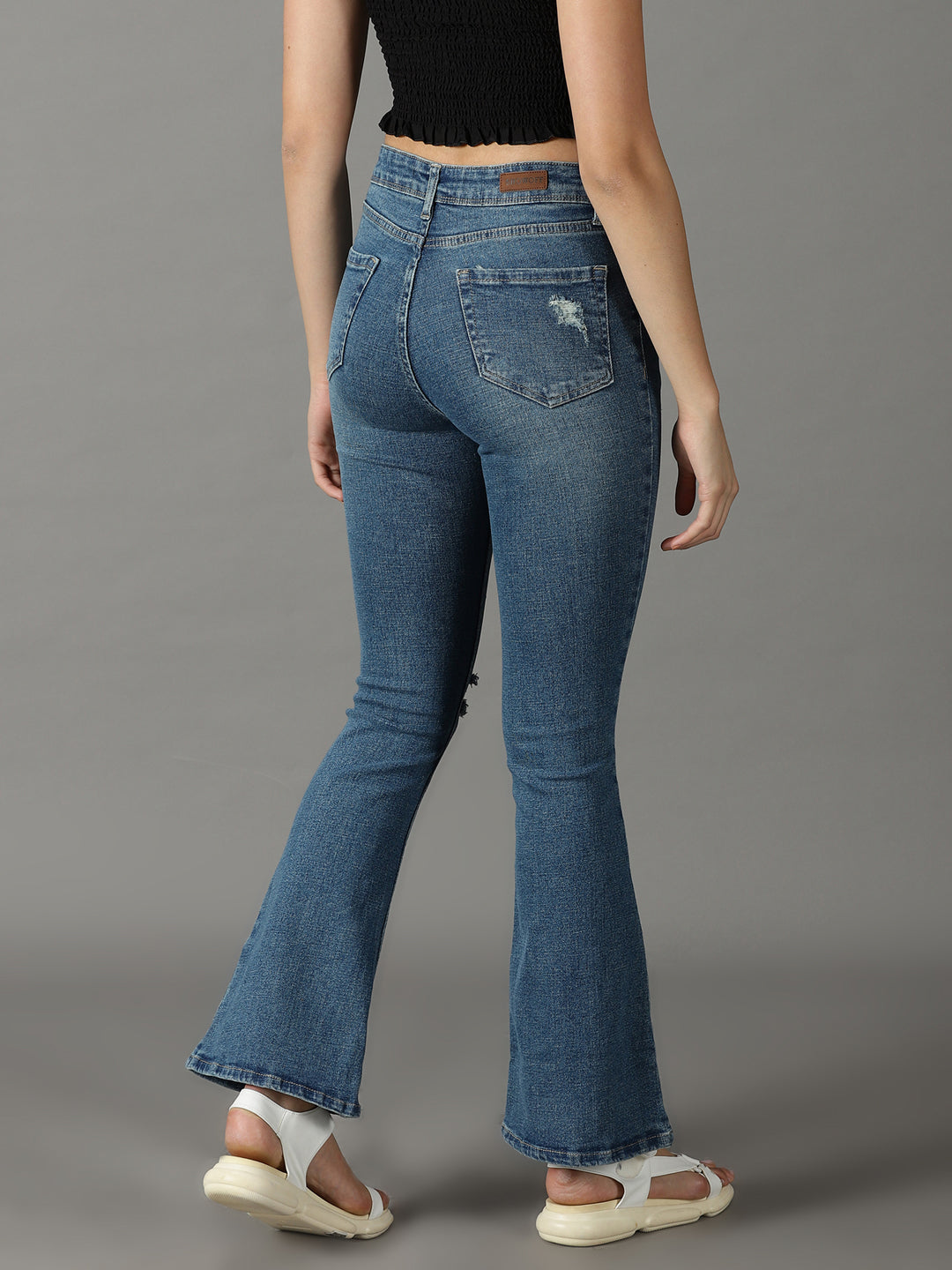 Women's Blue Bootcut Mid-Rise Mildly Distressed Light Fade Stretchable Jeans