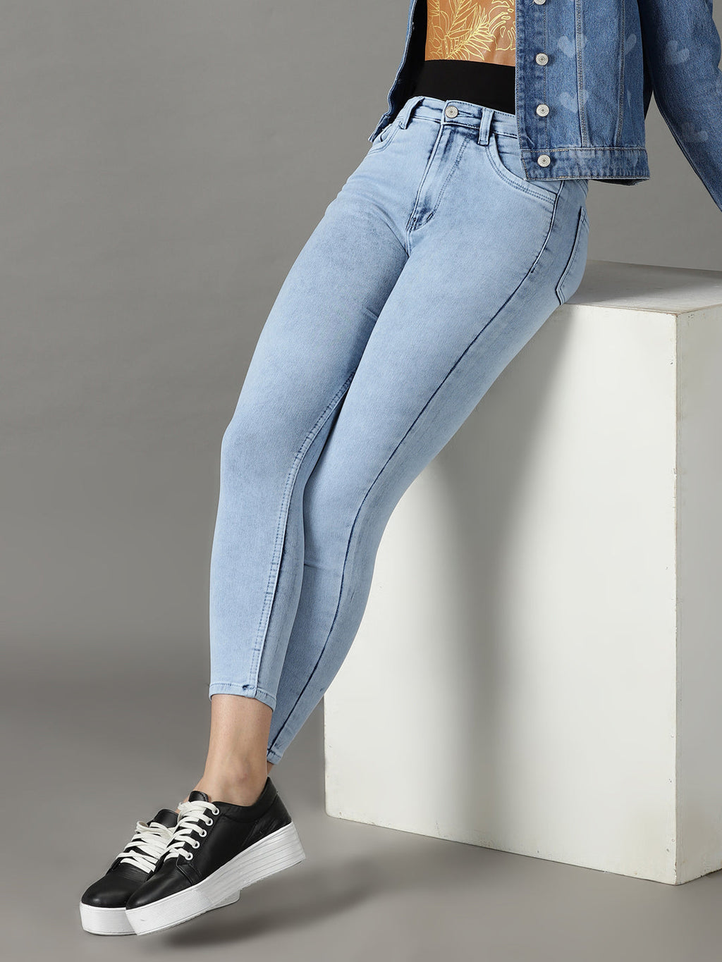 Women's Blue Skinny Fit Heavy Fade Acid Wash Cotton Stretchable Jeans