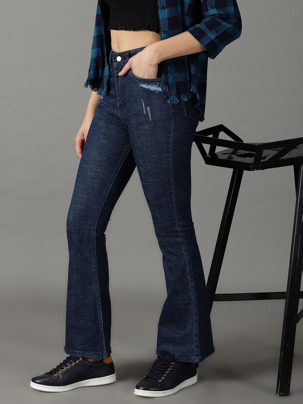 Women's Navy Blue Bootcut Low Distress Light Fade Stretchable Cotton Jeans