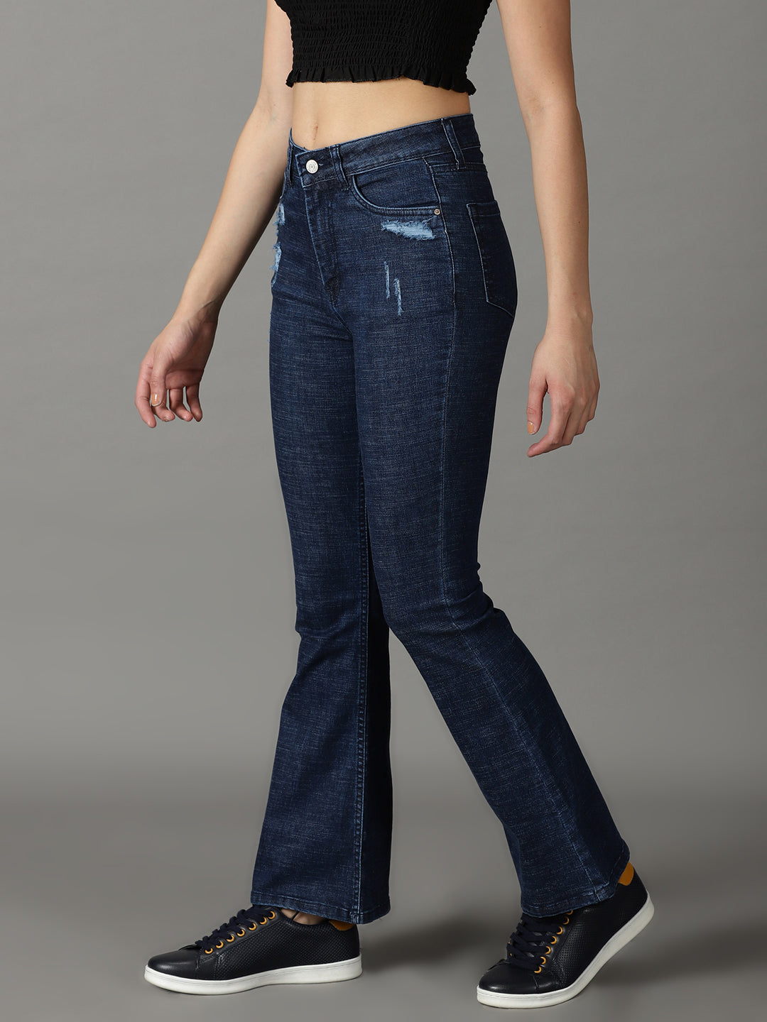 Women's Navy Blue Bootcut Low Distress Light Fade Stretchable Cotton Jeans