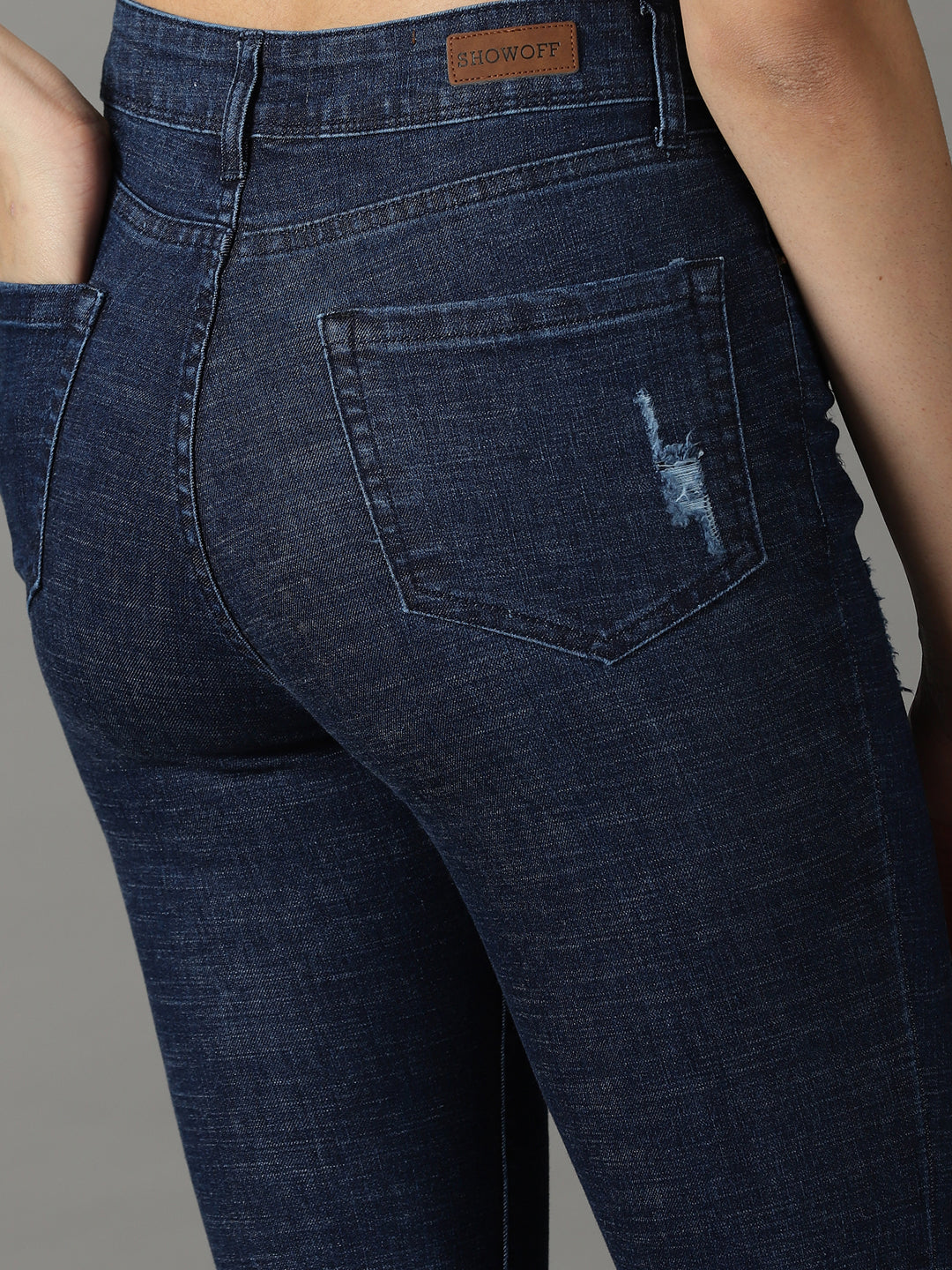 Women's Navy Blue Bootcut Low Distress Light Fade Stretchable Cotton Jeans